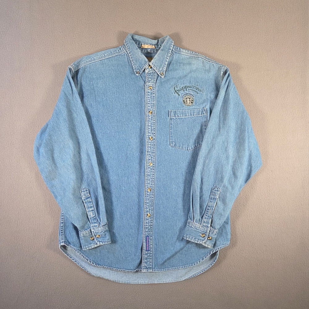 Starbucks Shirt Mens Large Blue Denim Long Sleeve Button Up Frappuccino Promo
